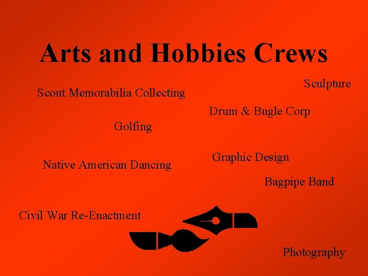 Arts and Hobbies Crews Sculpture Scout Memorabilia Collecting Drum & Bugle Corp Golfing Native