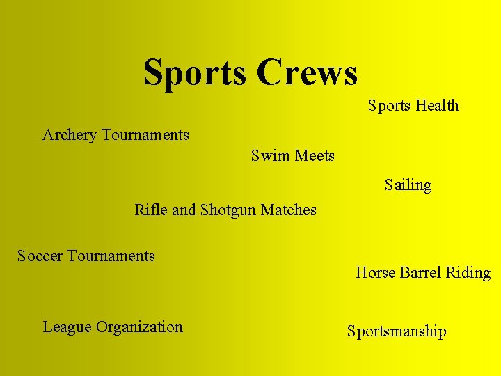 Sports Crews Sports Health Archery Tournaments Swim Meets Sailing Rifle and Shotgun Matches Soccer Sports Crews Sports Health Archery Tournaments Swim Meets Sailing Rifle and Shotgun Matches Soccer
