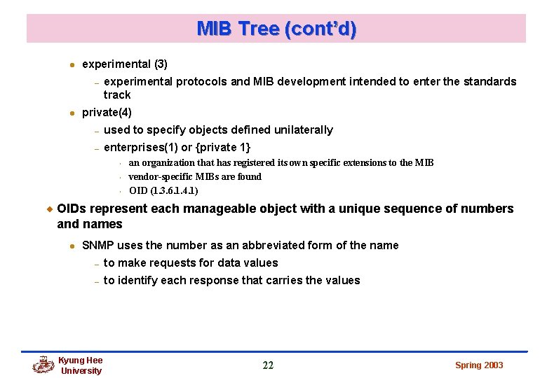 MIB Tree (cont’d) l experimental (3) – l experimental protocols and MIB development intended MIB Tree (cont’d) l experimental (3) – l experimental protocols and MIB development intended