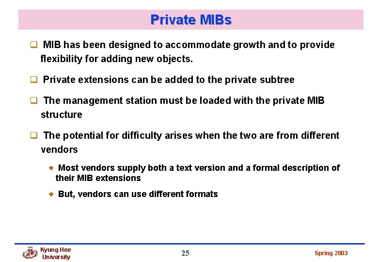 Private MIBs q MIB has been designed to accommodate growth and to provide flexibility Private MIBs q MIB has been designed to accommodate growth and to provide flexibility