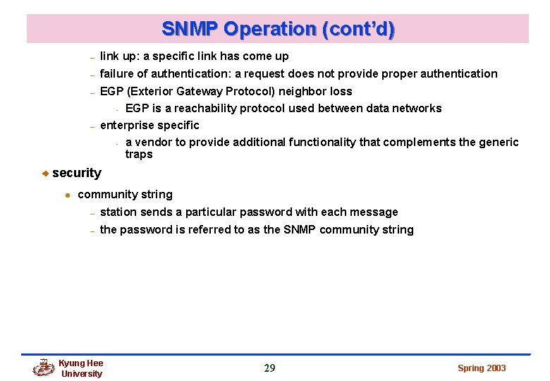 SNMP Operation (cont’d) – link up: a specific link has come up – failure SNMP Operation (cont’d) – link up: a specific link has come up – failure