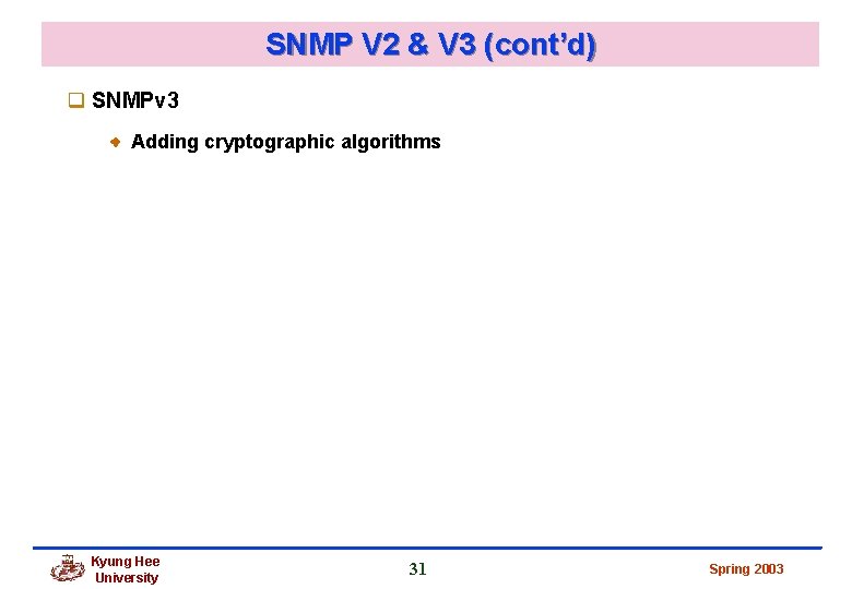 SNMP V 2 & V 3 (cont’d) q SNMPv 3 Adding cryptographic algorithms Kyung SNMP V 2 & V 3 (cont’d) q SNMPv 3 Adding cryptographic algorithms Kyung