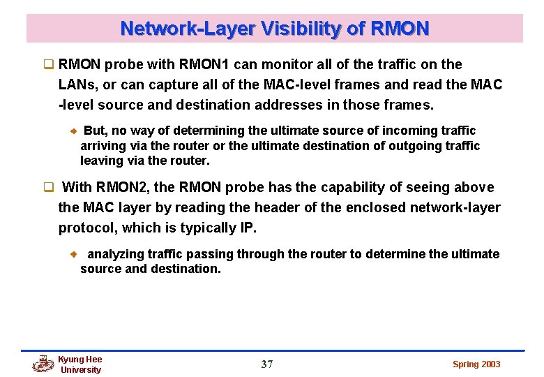 Network-Layer Visibility of RMON q RMON probe with RMON 1 can monitor all of Network-Layer Visibility of RMON q RMON probe with RMON 1 can monitor all of