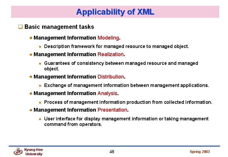 Applicability of XML q Basic management tasks Management Information Modeling. l Description framework for Applicability of XML q Basic management tasks Management Information Modeling. l Description framework for