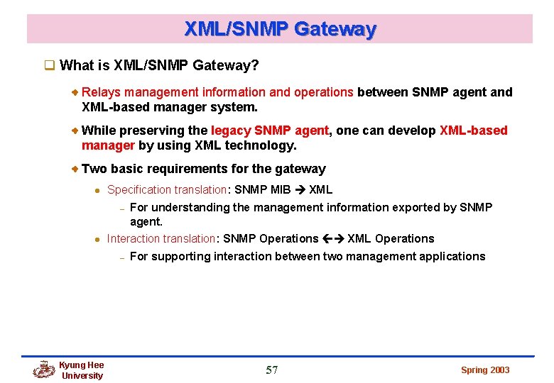 XML/SNMP Gateway q What is XML/SNMP Gateway? Relays management information and operations between SNMP XML/SNMP Gateway q What is XML/SNMP Gateway? Relays management information and operations between SNMP