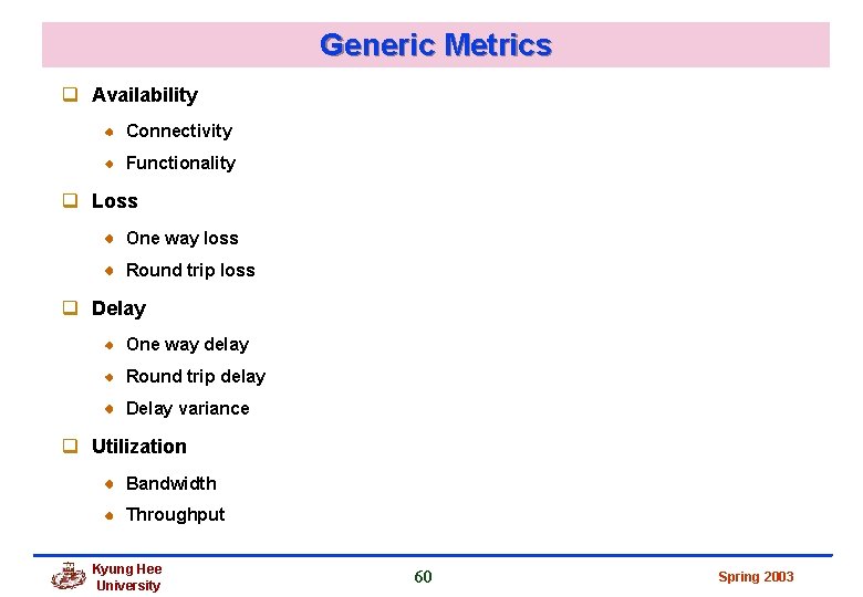 Generic Metrics q Availability Connectivity Functionality q Loss One way loss Round trip loss Generic Metrics q Availability Connectivity Functionality q Loss One way loss Round trip loss