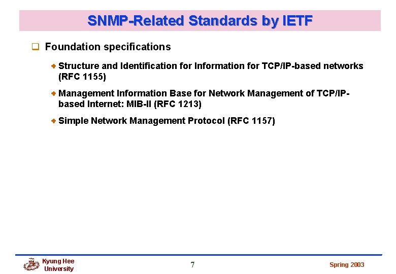 SNMP-Related Standards by IETF q Foundation specifications Structure and Identification for Information for TCP/IP-based SNMP-Related Standards by IETF q Foundation specifications Structure and Identification for Information for TCP/IP-based