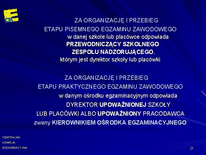 ZA ORGANIZACJĘ I PRZEBIEG ETAPU PISEMNEGO EGZAMINU ZAWODOWEGO w danej szkole lub placówce odpowiada