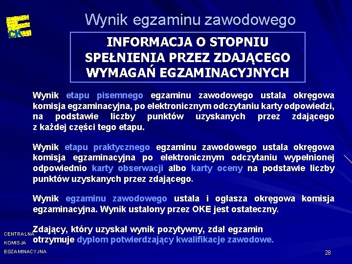 Wynik egzaminu zawodowego INFORMACJA O STOPNIU SPEŁNIENIA PRZEZ ZDAJĄCEGO WYMAGAŃ EGZAMINACYJNYCH Wynik etapu pisemnego