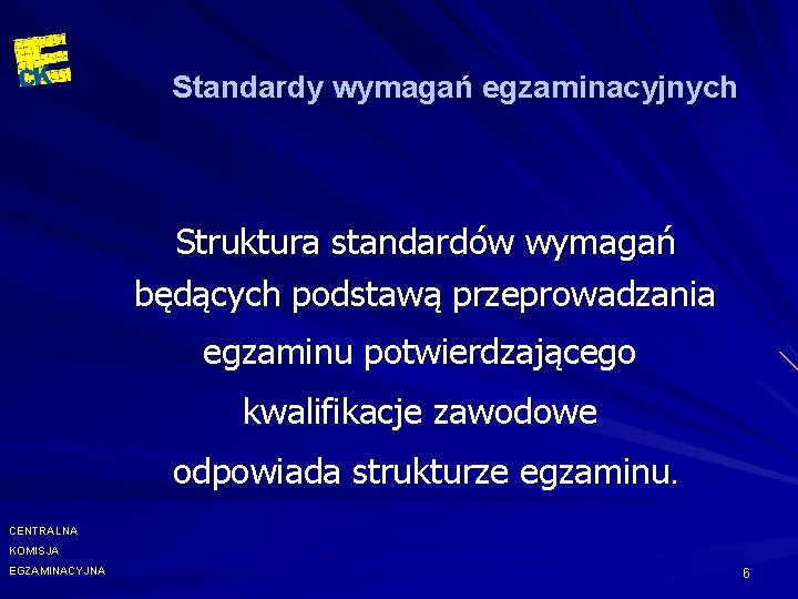 Standardy wymagań egzaminacyjnych Struktura standardów wymagań będących podstawą przeprowadzania egzaminu potwierdzającego kwalifikacje zawodowe odpowiada