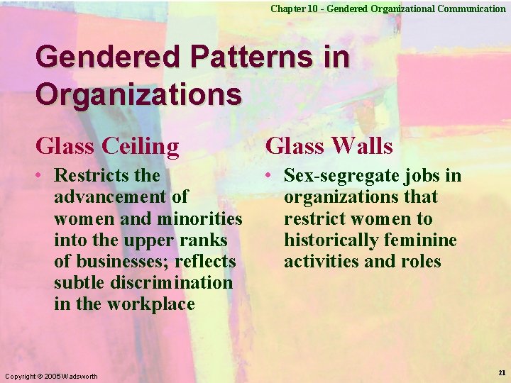 Chapter 10 - Gendered Organizational Communication Gendered Patterns in Organizations Glass Ceiling Glass Walls