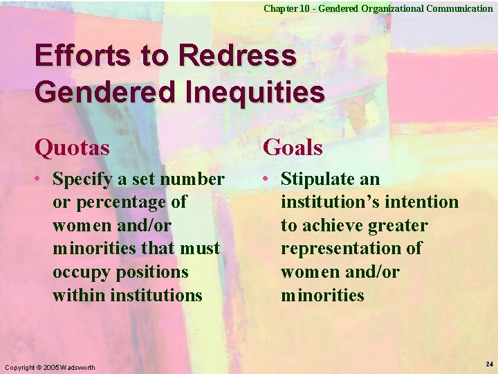 Chapter 10 - Gendered Organizational Communication Efforts to Redress Gendered Inequities Quotas Goals •