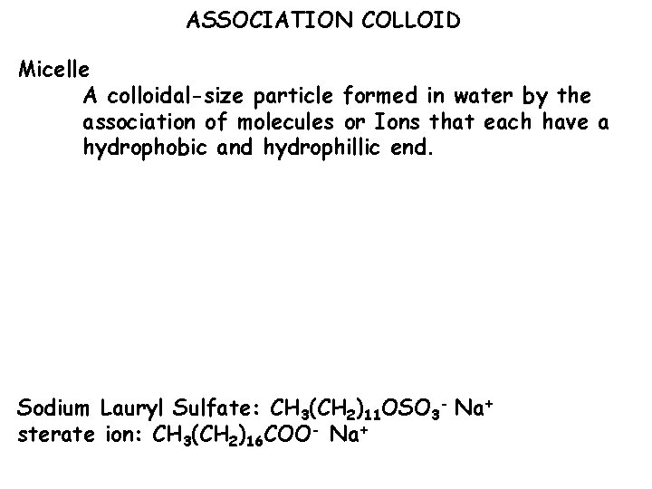 ASSOCIATION COLLOID Micelle A colloidal-size particle formed in water by the association of molecules