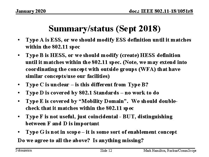 January 2020 doc. : IEEE 802. 11 -18/1051 r 8 Summary/status (Sept 2018) •