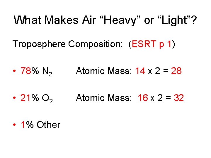 What Makes Air “Heavy” or “Light”? Troposphere Composition: (ESRT p 1) • 78% N