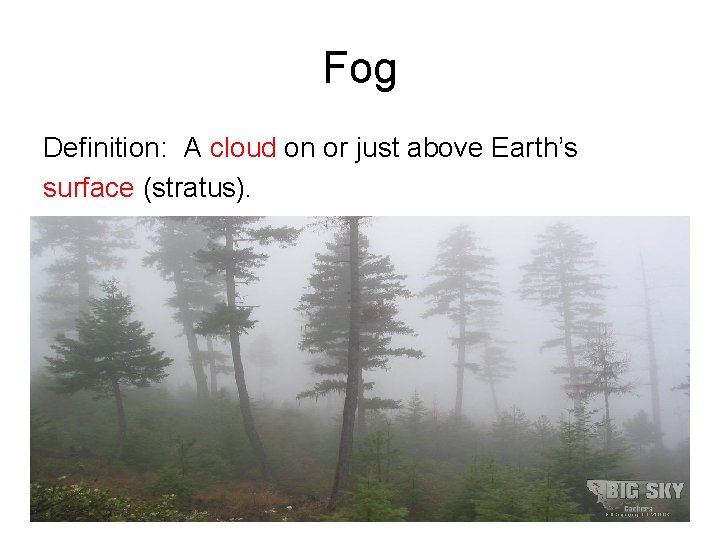 Fog Definition: A cloud on or just above Earth’s surface (stratus). 