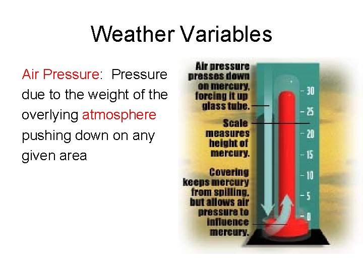 Weather Variables Air Pressure: Pressure due to the weight of the overlying atmosphere pushing