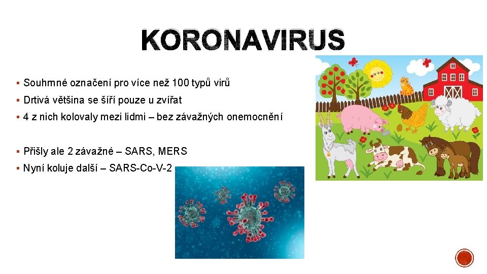 KORONAVIRUS § Souhrnné označení pro více než 100 typů virů § Drtivá většina se