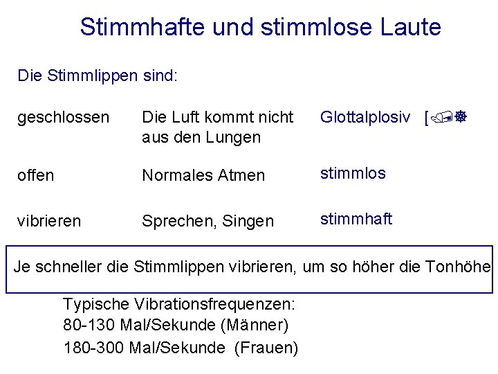 Stimmhafte und stimmlose Laute Die Stimmlippen sind: geschlossen Die Luft kommt nicht aus den