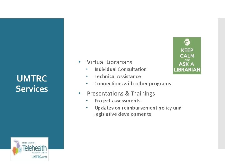  • Virtual Librarians UMTRC Services • • • Individual Consultation Technical Assistance Connections