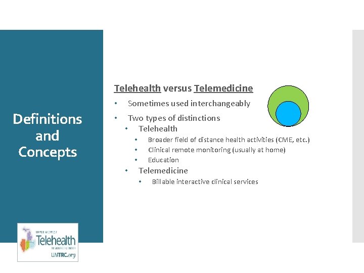 Telehealth versus Telemedicine • Definitions and Concepts • Sometimes used interchangeably Two types of