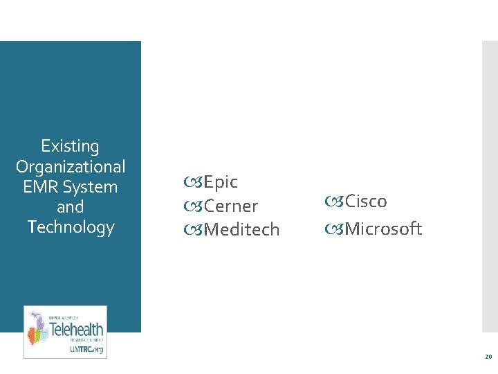 Existing Organizational EMR System and Technology Epic Cerner Meditech Cisco Microsoft 20 