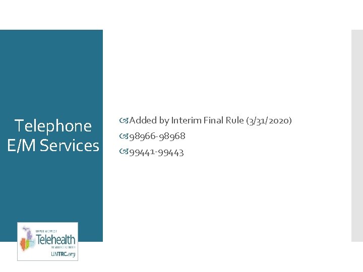 Telephone E/M Services Added by Interim Final Rule (3/31/2020) 98966 -98968 99441 -99443 