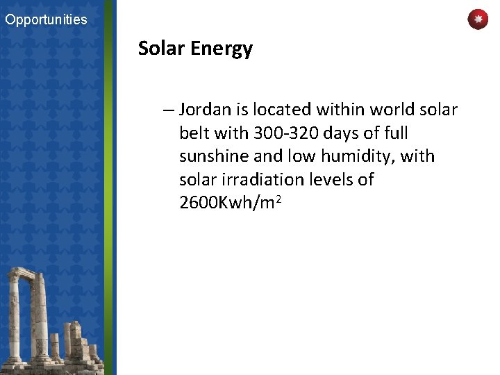 Opportunities Solar Energy – Jordan is located within world solar belt with 300 -320