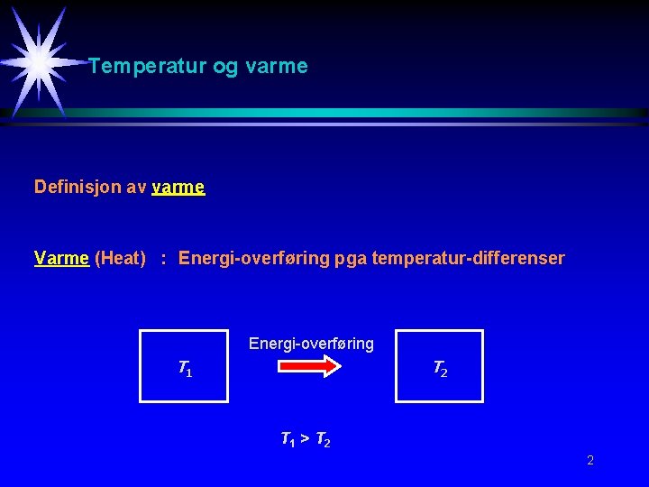 Temperatur og varme Definisjon av varme Varme (Heat) : Energi-overføring pga temperatur-differenser Energi-overføring T
