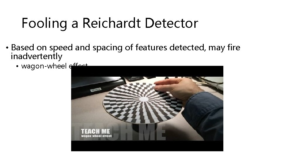 Fooling a Reichardt Detector • Based on speed and spacing of features detected, may