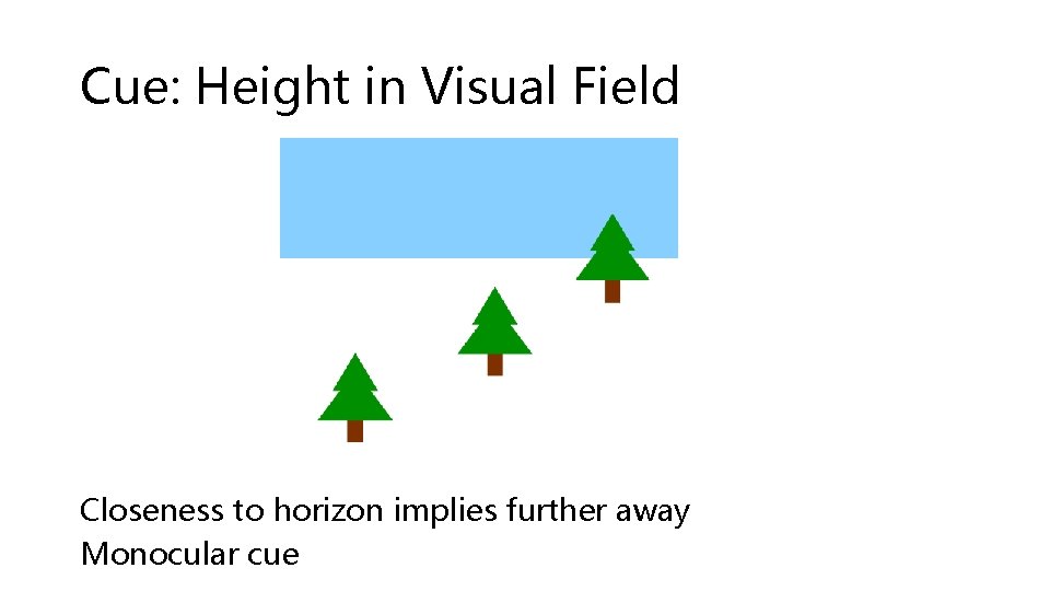 Cue: Height in Visual Field Closeness to horizon implies further away Monocular cue 