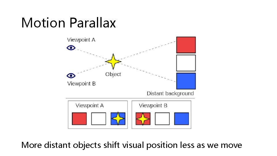 Motion Parallax More distant objects shift visual position less as we move 