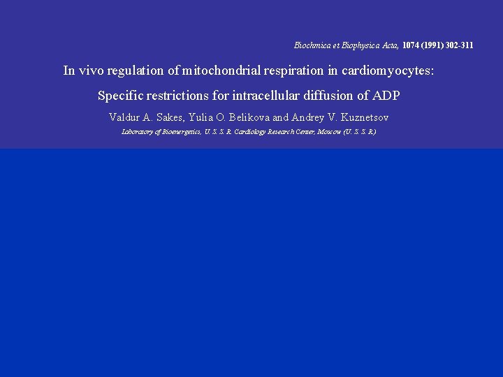Biochmica et Biophysica Acta, 1074 (1991) 302 -311 In vivo regulation of mitochondrial respiration