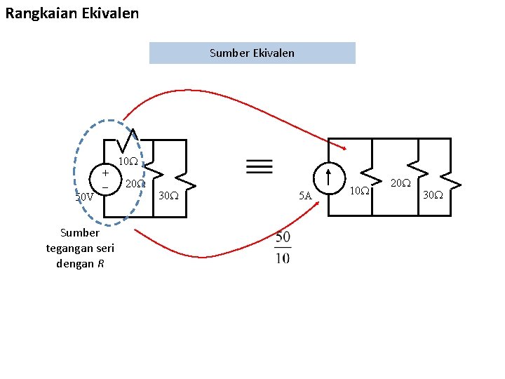 Rangkaian Ekivalen Sumber Ekivalen 50 V + Sumber tegangan seri dengan R 10 20