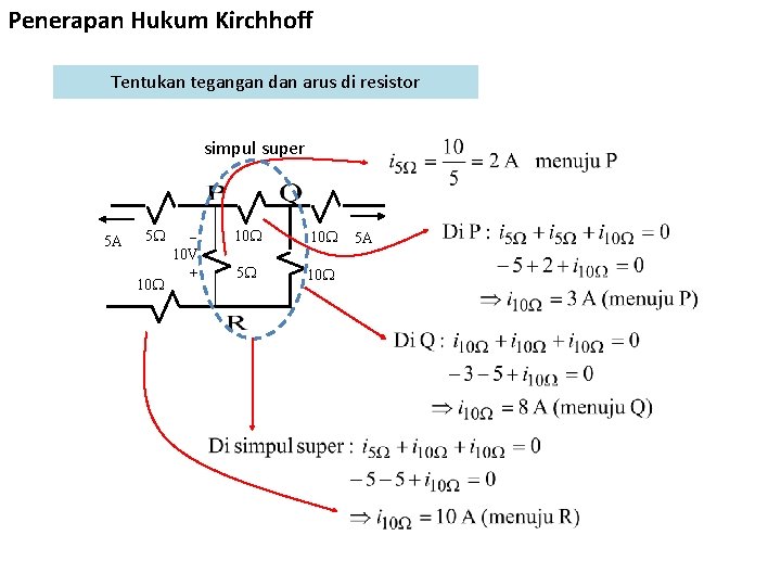 Penerapan Hukum Kirchhoff Tentukan tegangan dan arus di resistor simpul super 5 A 5