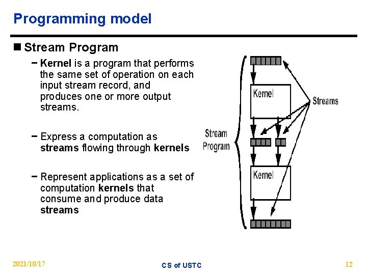 Programming model n Stream Program − Kernel is a program that performs the same