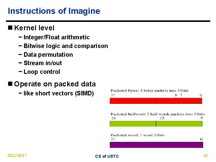 Instructions of Imagine n Kernel level − Integer/Float arithmetic − Bitwise logic and comparison