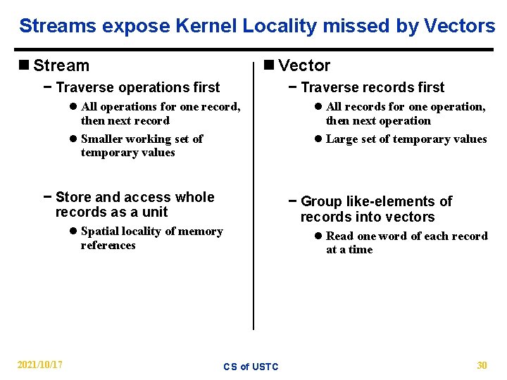 Streams expose Kernel Locality missed by Vectors n Stream n Vector − Traverse operations