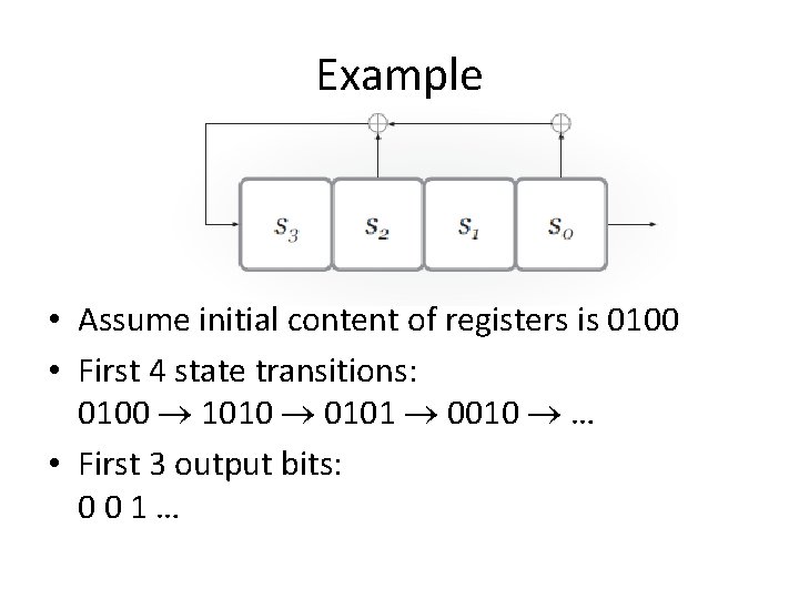 Example • Assume initial content of registers is 0100 • First 4 state transitions: Example • Assume initial content of registers is 0100 • First 4 state transitions: