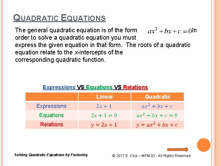 QUADRATIC EQUATIONS The general quadratic equation is of the form. In order to solve