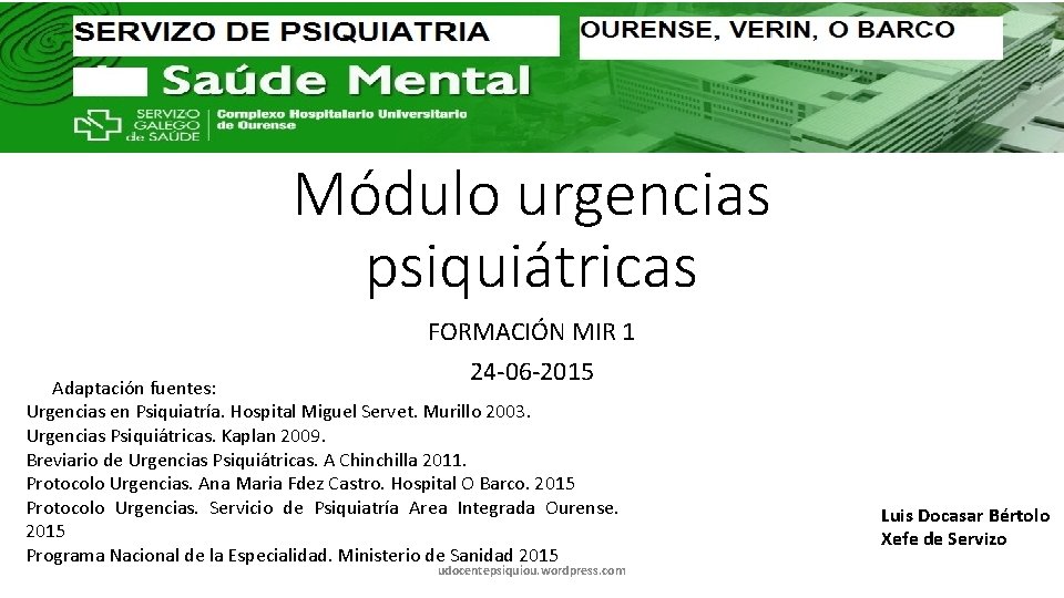 Módulo urgencias psiquiátricas FORMACIÓN MIR 1 24 -06 -2015 Adaptación fuentes: Urgencias en Psiquiatría.