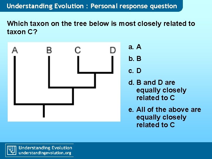 Understanding Evolution : Personal response question Which taxon on the tree below is most