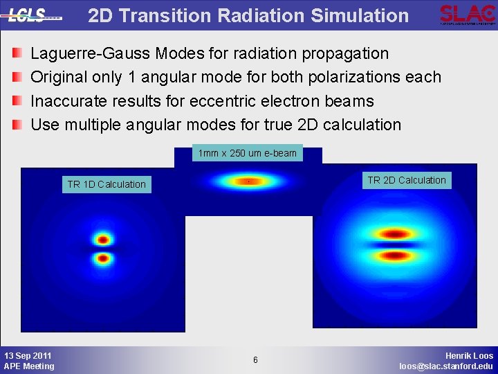 2 D Transition Radiation Simulation Laguerre-Gauss Modes for radiation propagation Original only 1 angular