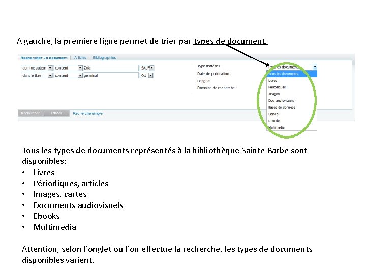 A gauche, la première ligne permet de trier par types de document. Tous les