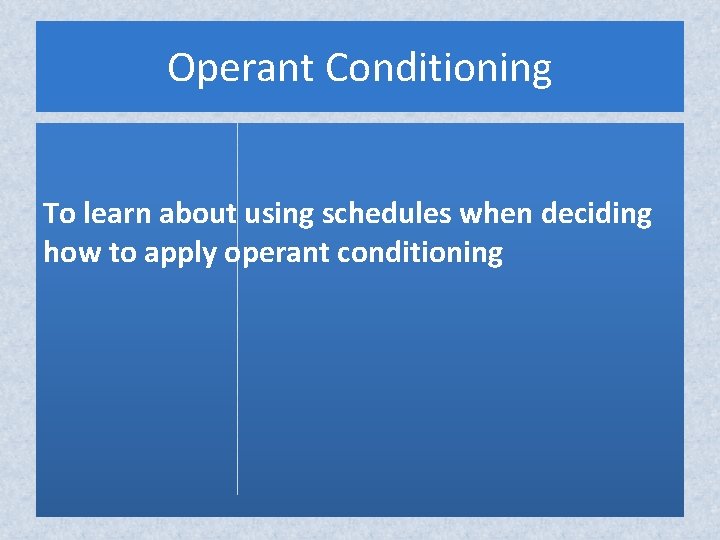 Operant Conditioning To learn about using schedules when deciding how to apply operant conditioning