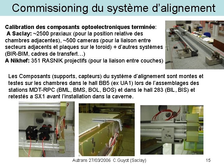 Commissioning du système d’alignement Calibration des composants optoelectroniques terminée: A Saclay: ~2500 praxiaux (pour