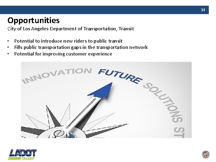 14 Opportunities City of Los Angeles Department of Transportation, Transit • Potential to introduce