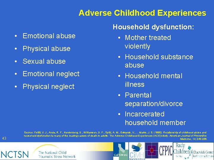 Adverse Childhood Experiences • Emotional abuse • Physical abuse • Sexual abuse • Emotional