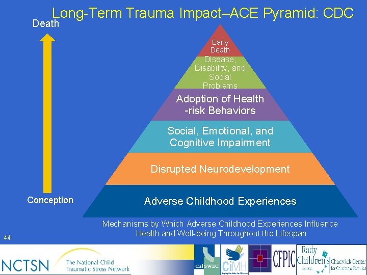 Long-Term Trauma Impact–ACE Pyramid: CDC Death Early Death Disease, Disability, and Social Problems Adoption
