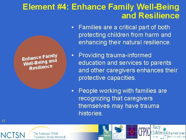 Element #4: Enhance Family Well-Being and Resilience • Families are a critical part of